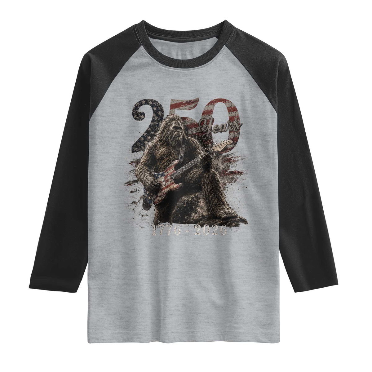 Vintage Bigfoot Playing Guitar 250 Years Raglan Shirt 1776 2026 Bigfoot Patriotic USA Flag Sasquatch