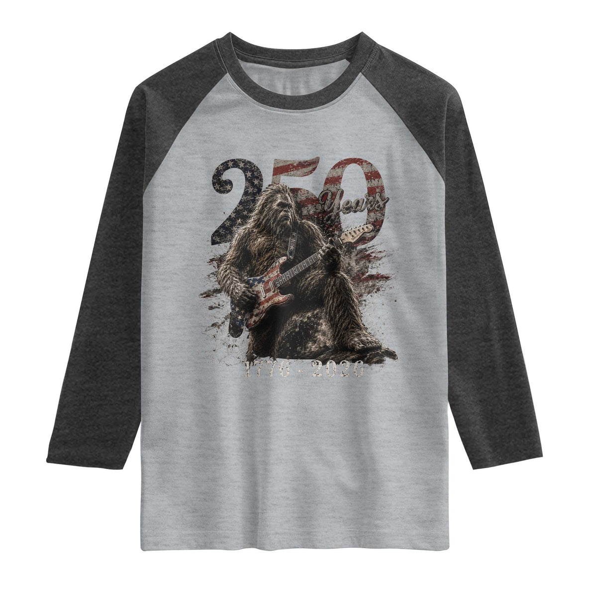 Vintage Bigfoot Playing Guitar 250 Years Raglan Shirt 1776 2026 Bigfoot Patriotic USA Flag Sasquatch
