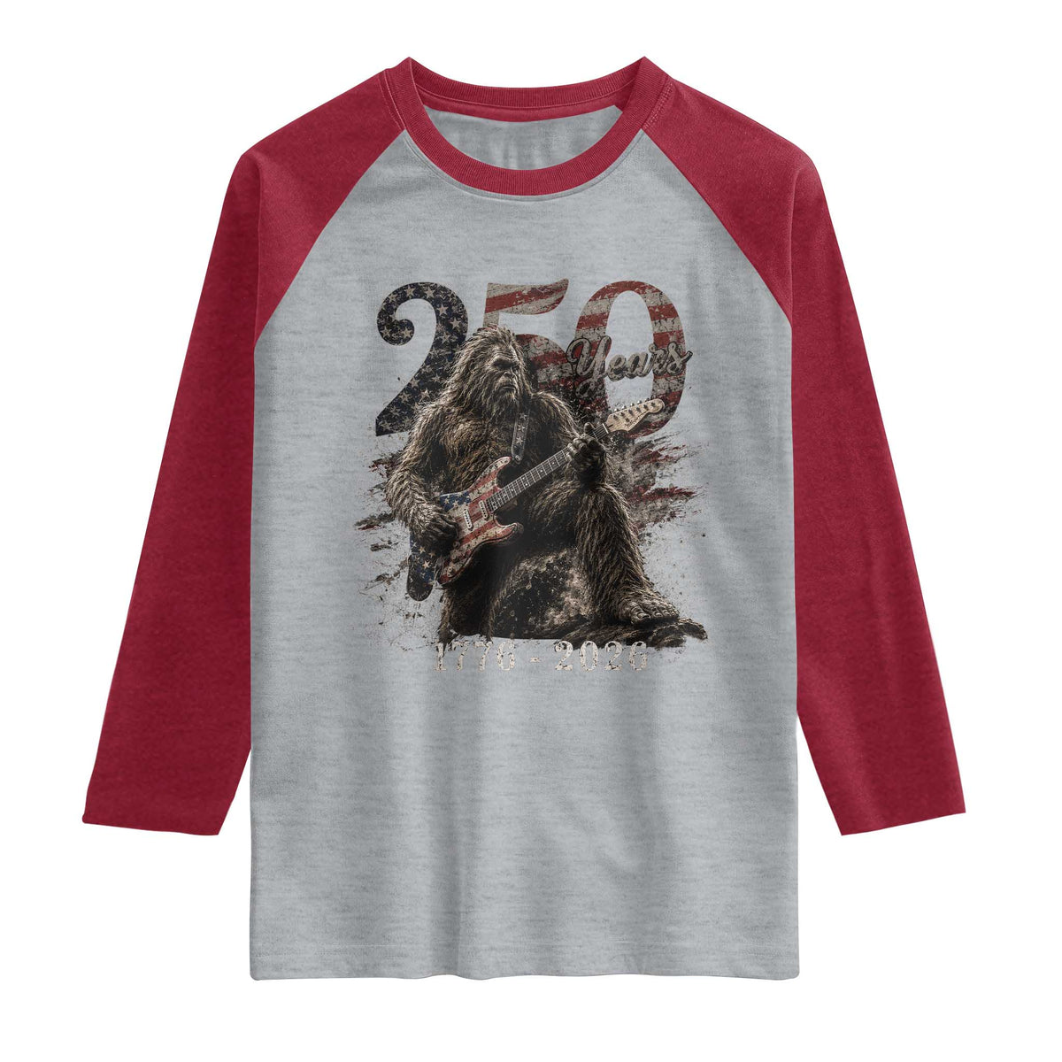 Vintage Bigfoot Playing Guitar 250 Years Raglan Shirt 1776 2026 Bigfoot Patriotic USA Flag Sasquatch