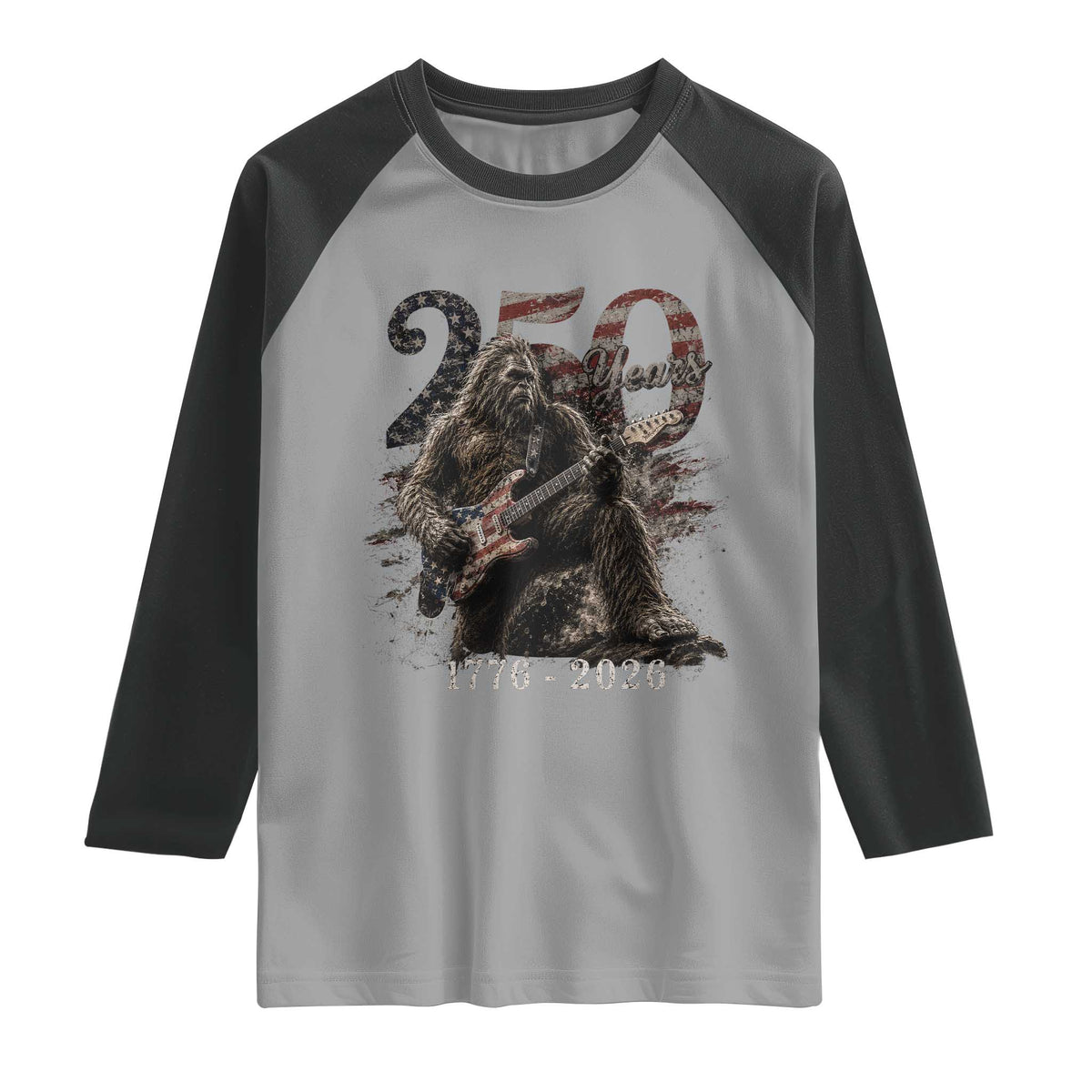 Vintage Bigfoot Playing Guitar 250 Years Raglan Shirt 1776 2026 Bigfoot Patriotic USA Flag Sasquatch