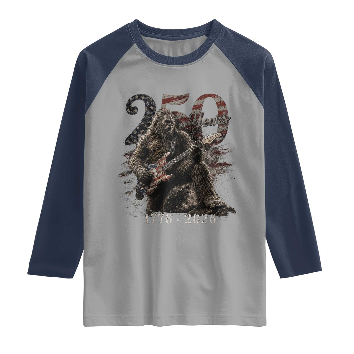 Vintage Bigfoot Playing Guitar 250 Years Raglan Shirt 1776 2026 Bigfoot Patriotic USA Flag Sasquatch