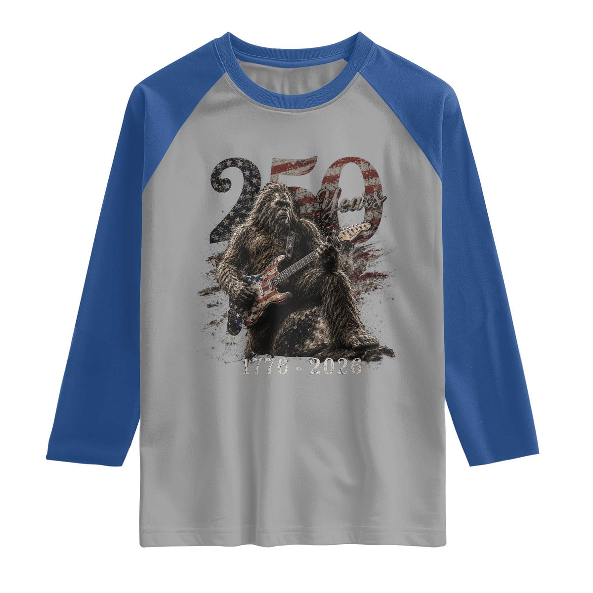 Vintage Bigfoot Playing Guitar 250 Years Raglan Shirt 1776 2026 Bigfoot Patriotic USA Flag Sasquatch
