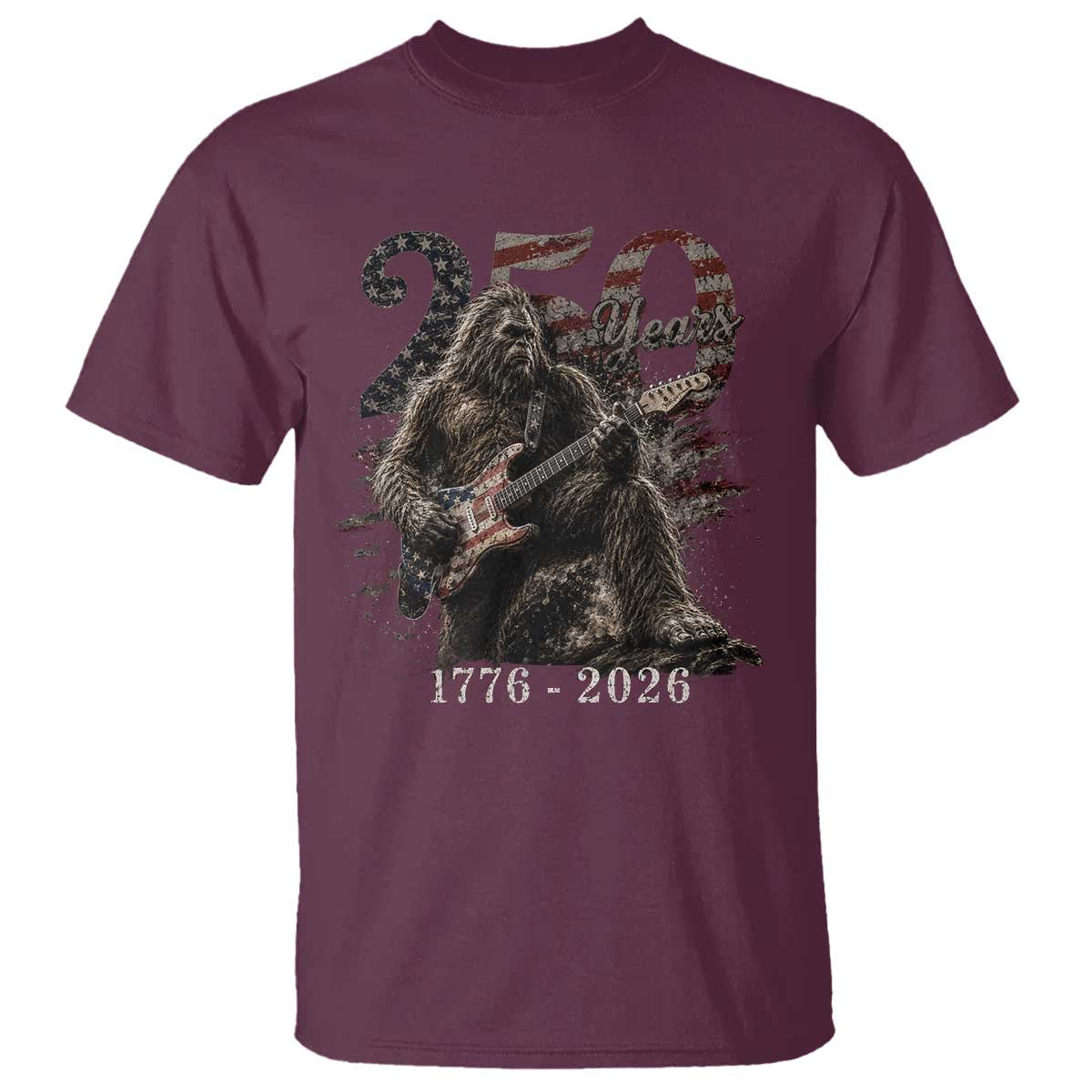 Vintage Bigfoot Playing Guitar 250 Years T Shirt 1776 2026 Bigfoot Patriotic USA Flag Sasquatch