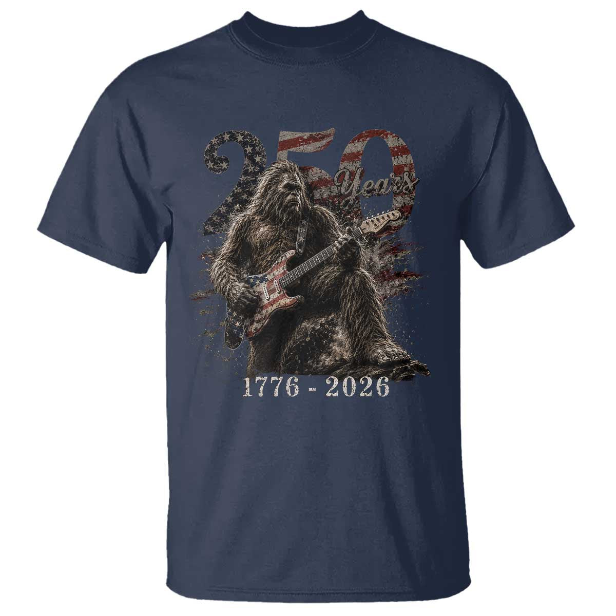 Vintage Bigfoot Playing Guitar 250 Years T Shirt 1776 2026 Bigfoot Patriotic USA Flag Sasquatch