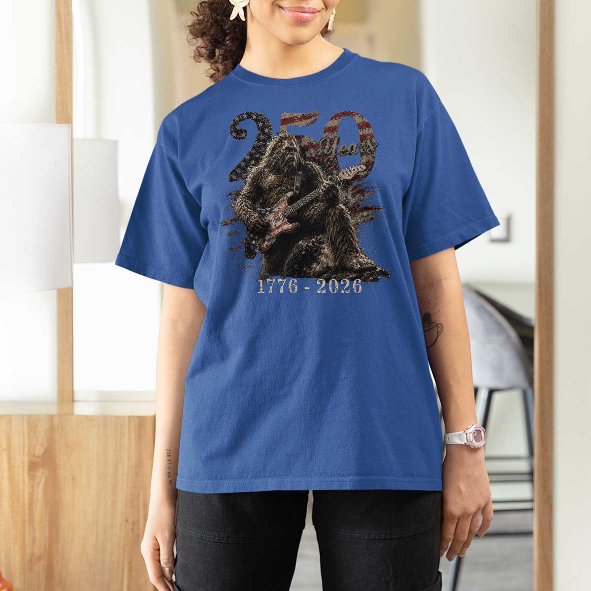 Vintage Bigfoot Playing Guitar 250 Years T Shirt For Women 1776 2026 Bigfoot Patriotic USA Flag Sasquatch