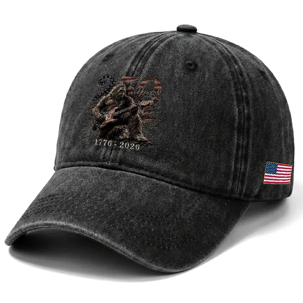 Vintage Bigfoot Playing Guitar 250 Years Washed Cotton Baseball Cap 1776 2026 Bigfoot Patriotic USA Flag Sasquatch