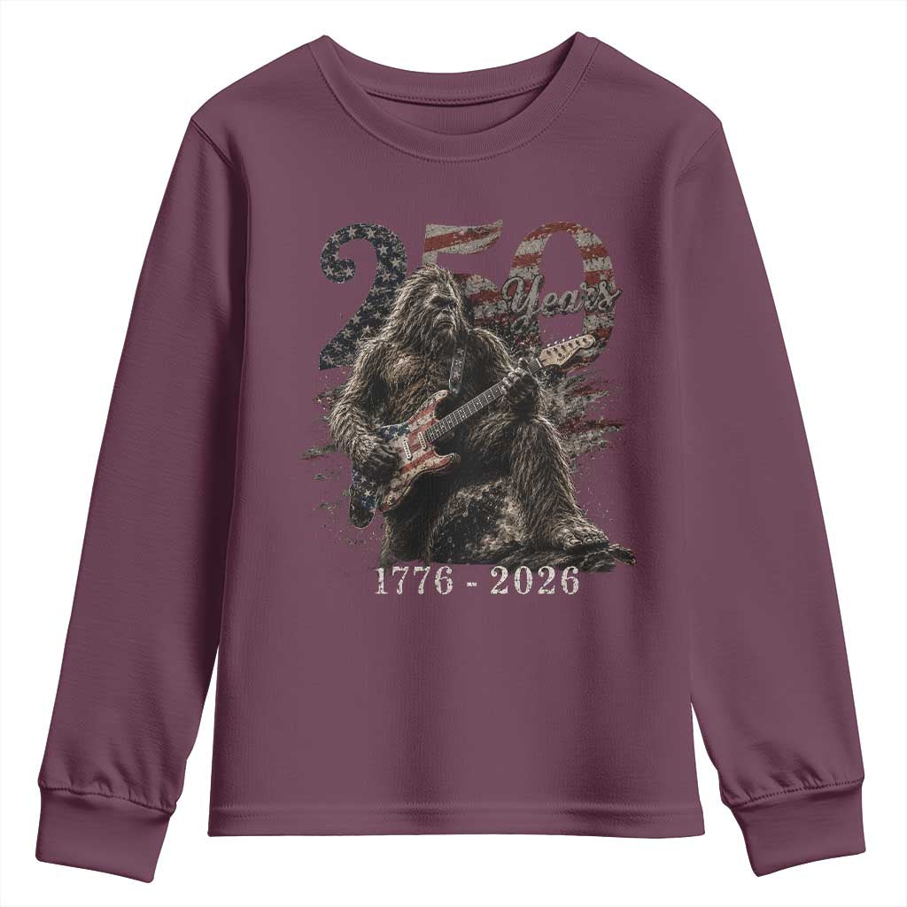 Vintage Bigfoot Playing Guitar 250 Years Youth Sweatshirt 1776 2026 Bigfoot Patriotic USA Flag Sasquatch