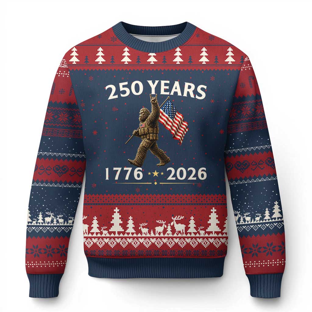 Bigfoot USA 250th Anniversary Ugly Christmas Sweater Sasquatch 250 Years Vintage American Flag Patriotic 4th of July