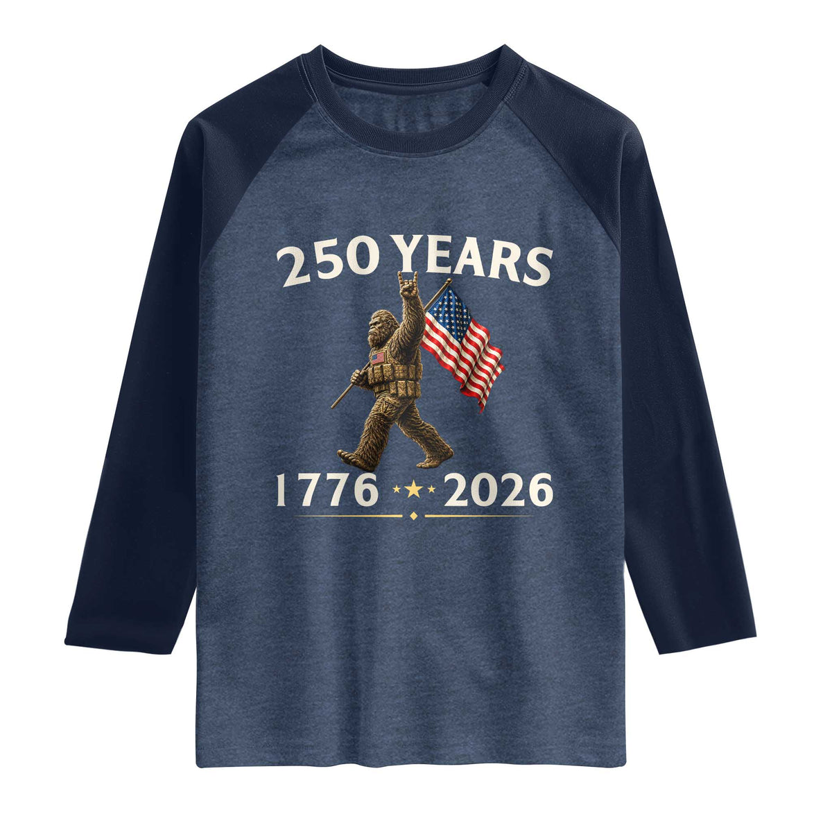 Bigfoot USA 250th Anniversary Raglan Shirt Sasquatch 250 Years Vintage American Flag Patriotic 4th of July
