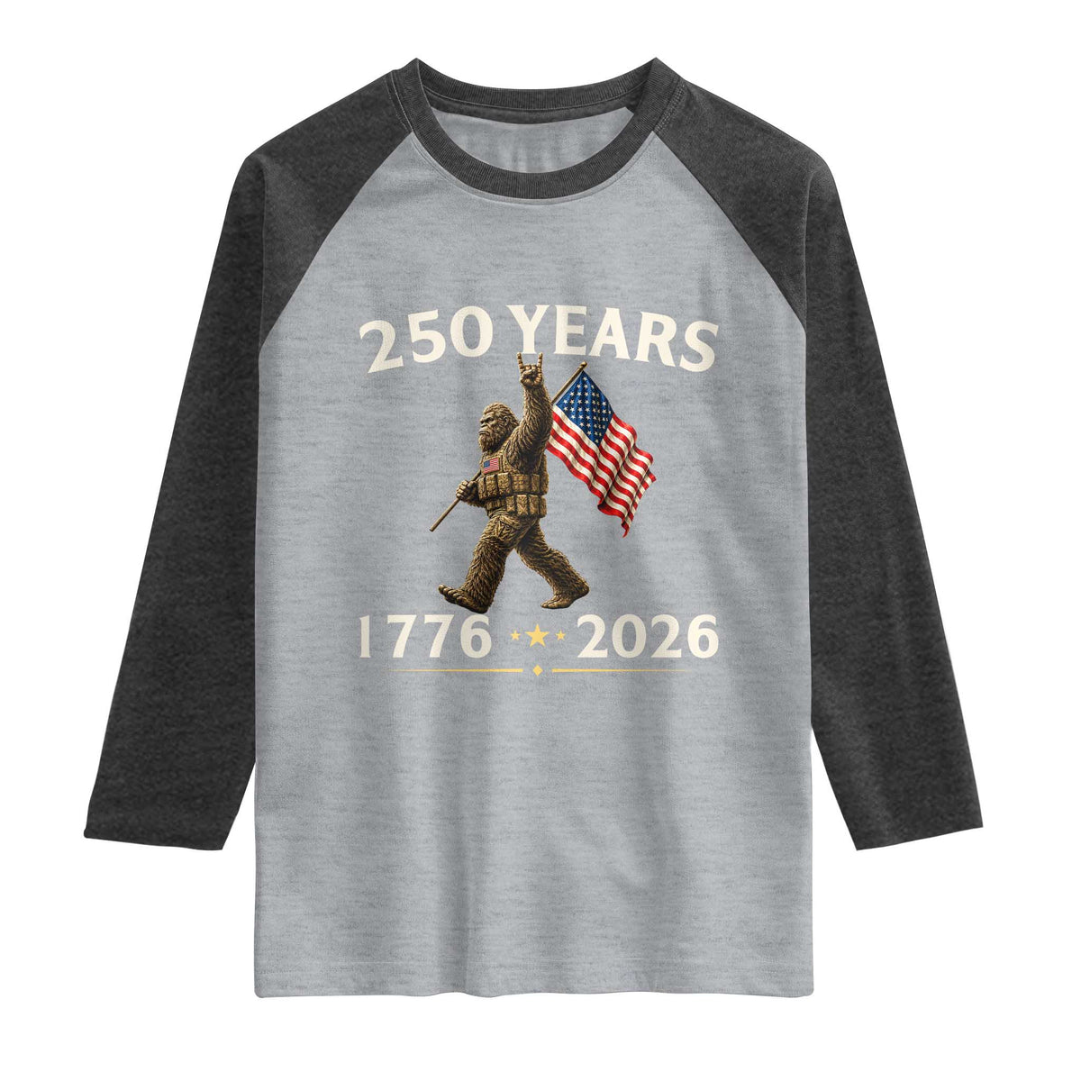 Bigfoot USA 250th Anniversary Raglan Shirt Sasquatch 250 Years Vintage American Flag Patriotic 4th of July