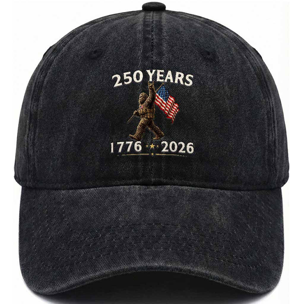 Bigfoot USA 250th Anniversary Washed Cotton Baseball Cap Sasquatch 250 Years Vintage American Flag Patriotic 4th of July