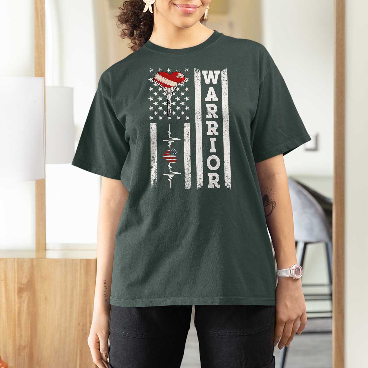 Cool Heart Surgery Warrior T Shirt For Women Coronary Bypass Artery Open Heart Surgery Heartbeat American Flag