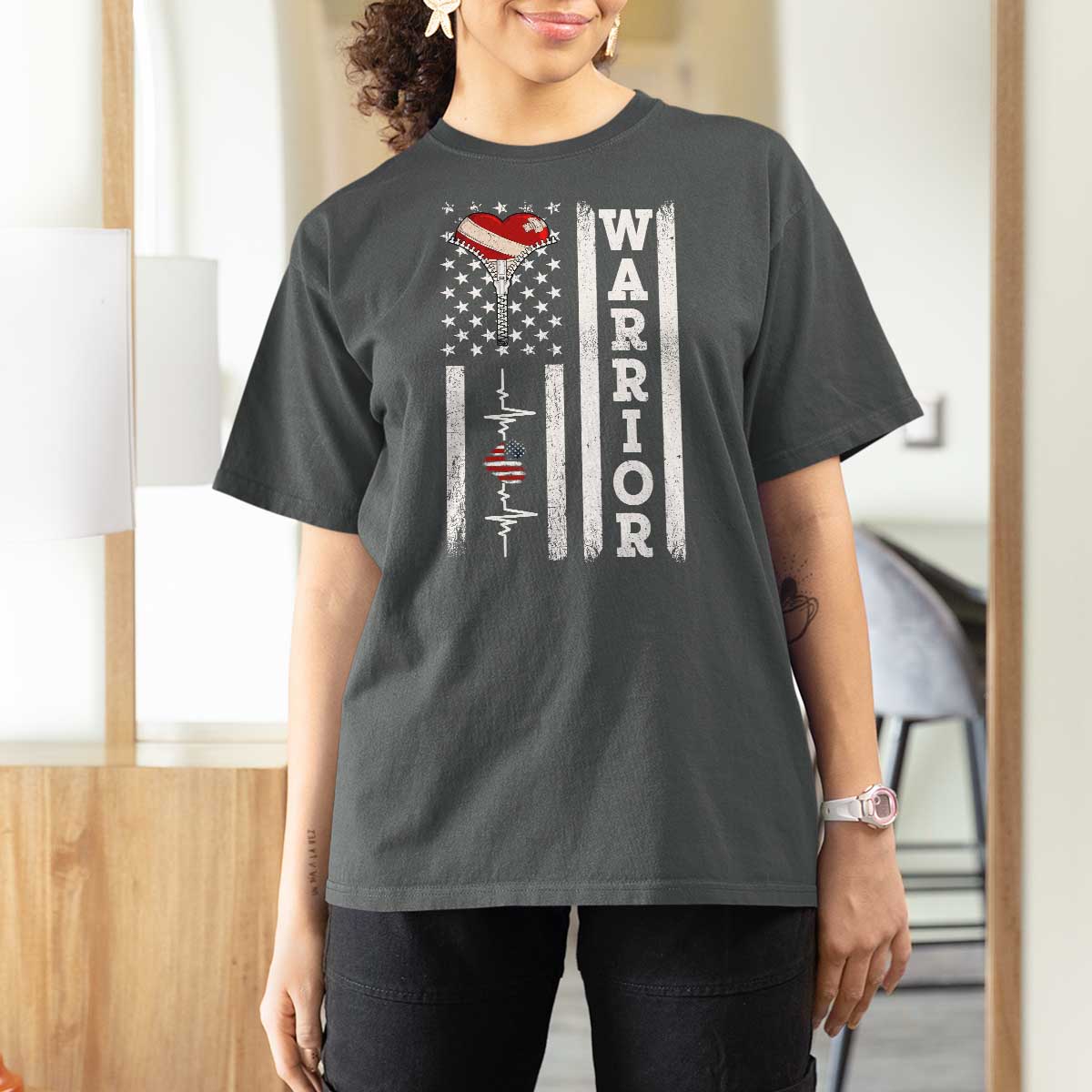 Cool Heart Surgery Warrior T Shirt For Women Coronary Bypass Artery Open Heart Surgery Heartbeat American Flag