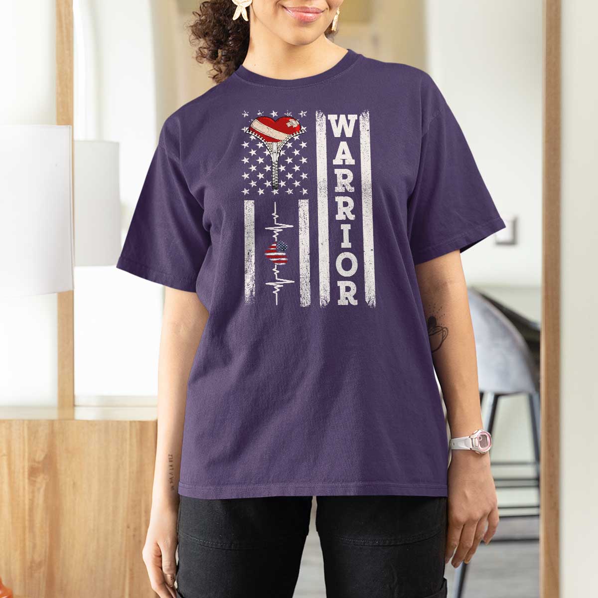 Cool Heart Surgery Warrior T Shirt For Women Coronary Bypass Artery Open Heart Surgery Heartbeat American Flag