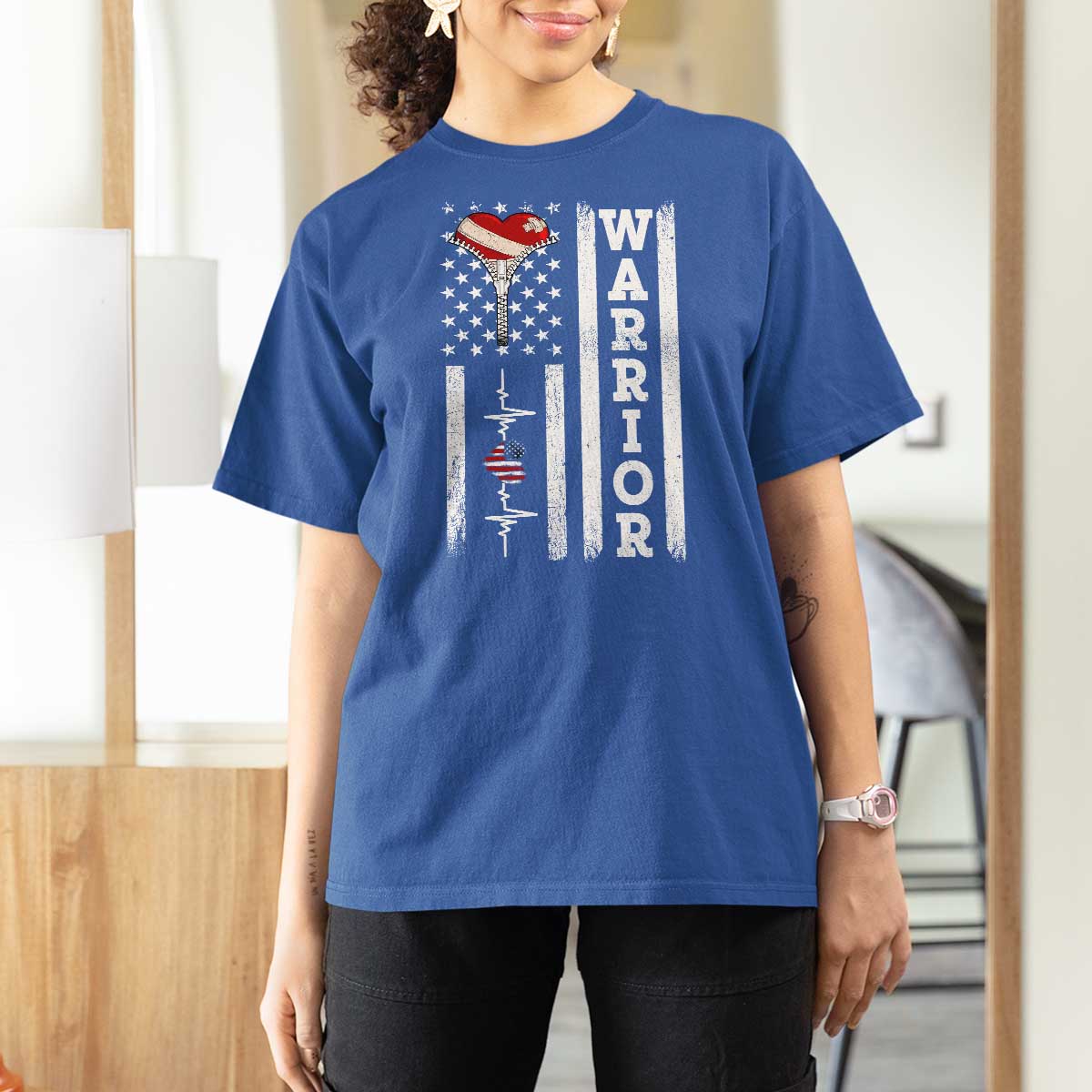 Cool Heart Surgery Warrior T Shirt For Women Coronary Bypass Artery Open Heart Surgery Heartbeat American Flag