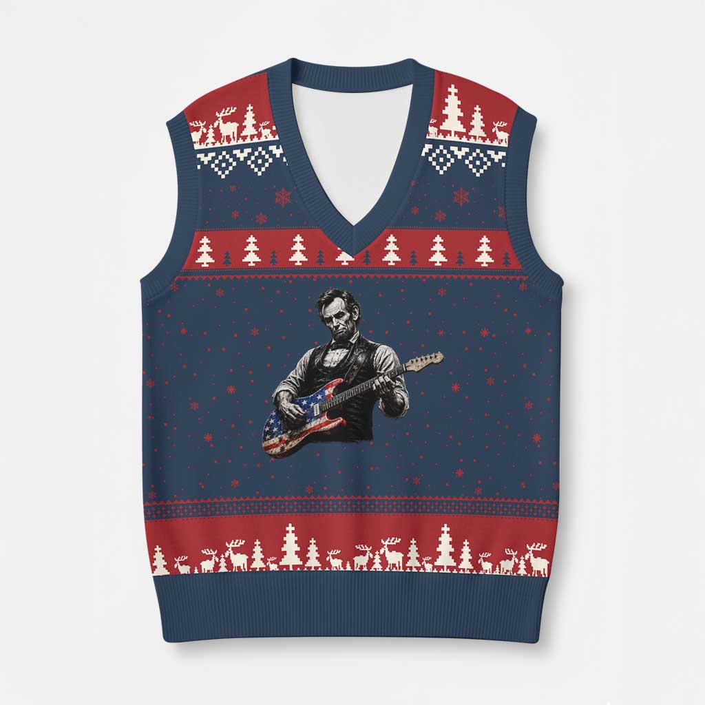 Vintage Abraham Lincoln Abe Lincoln Playing Guitar V-Neck Knit Sweater Vest Humor Patriotic