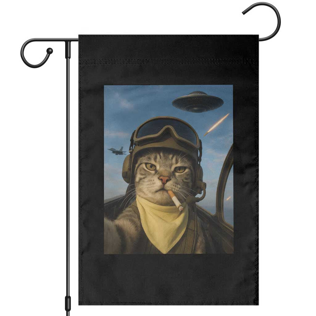 Cat Selfie With Alien UFO Garden Flag Retro Space Sci-Fi Cat Pilot - Wonder Print Shop