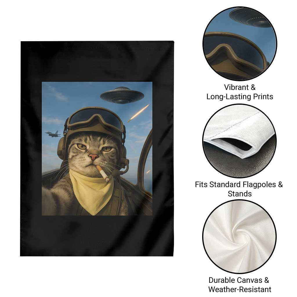 Cat Selfie With Alien UFO Garden Flag Retro Space Sci-Fi Cat Pilot - Wonder Print Shop