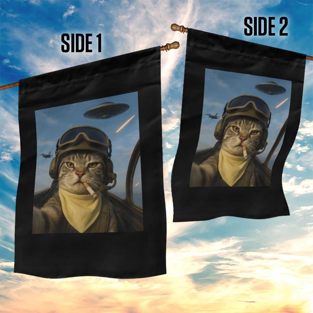 Cat Selfie With Alien UFO Garden Flag Retro Space Sci-Fi Cat Pilot - Wonder Print Shop