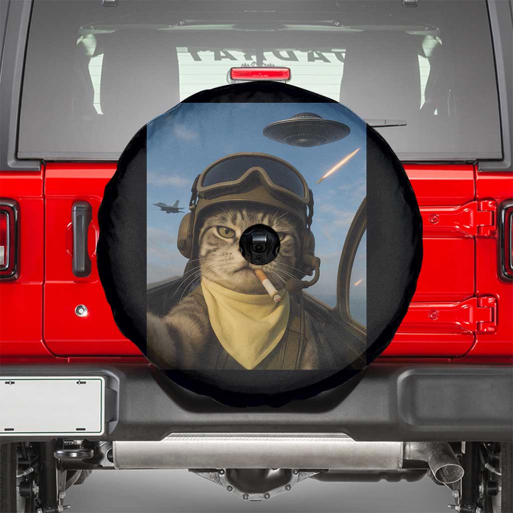 Cat Selfie With Alien UFO Spare Tire Cover Retro Space Sci-Fi Cat Pilot - Wonder Print Shop