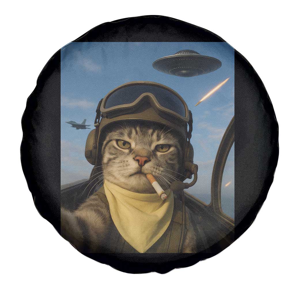 Cat Selfie With Alien UFO Spare Tire Cover Retro Space Sci-Fi Cat Pilot - Wonder Print Shop