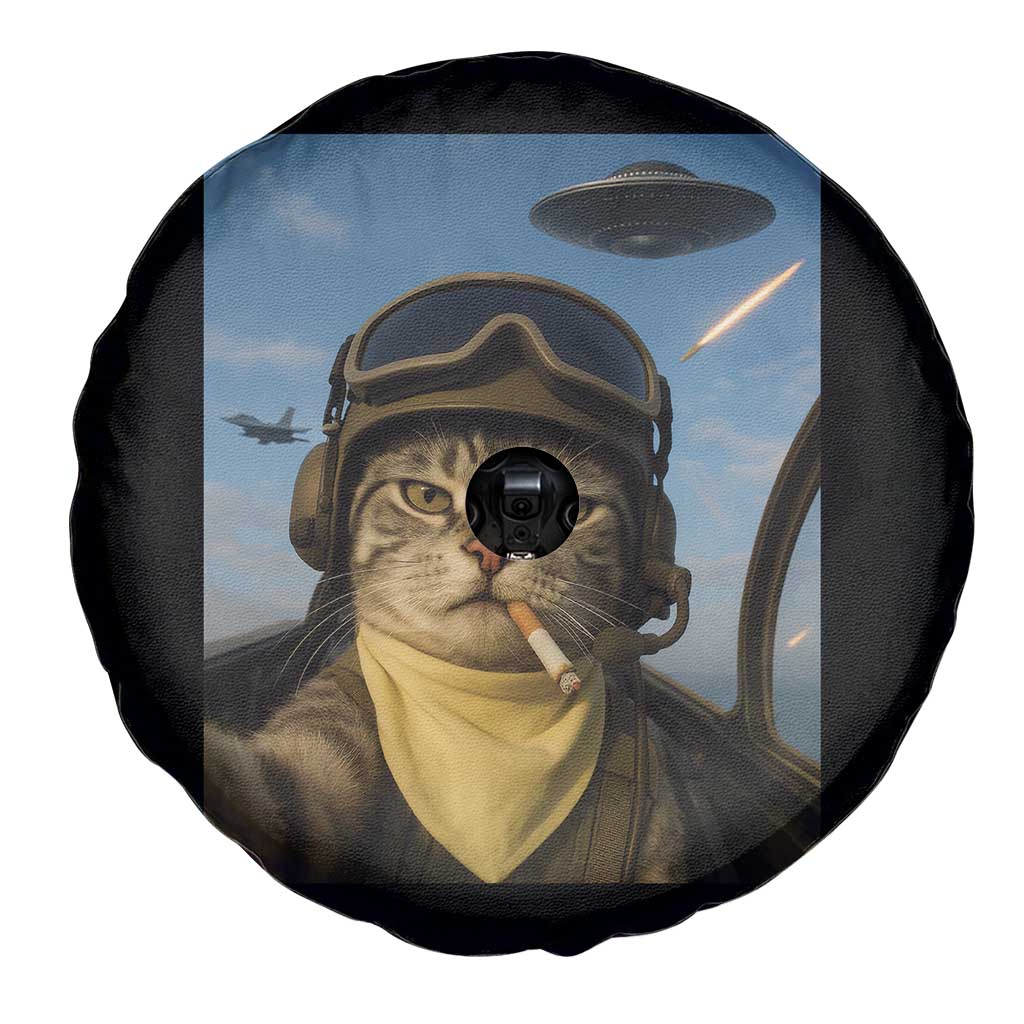 Cat Selfie With Alien UFO Spare Tire Cover Retro Space Sci-Fi Cat Pilot - Wonder Print Shop