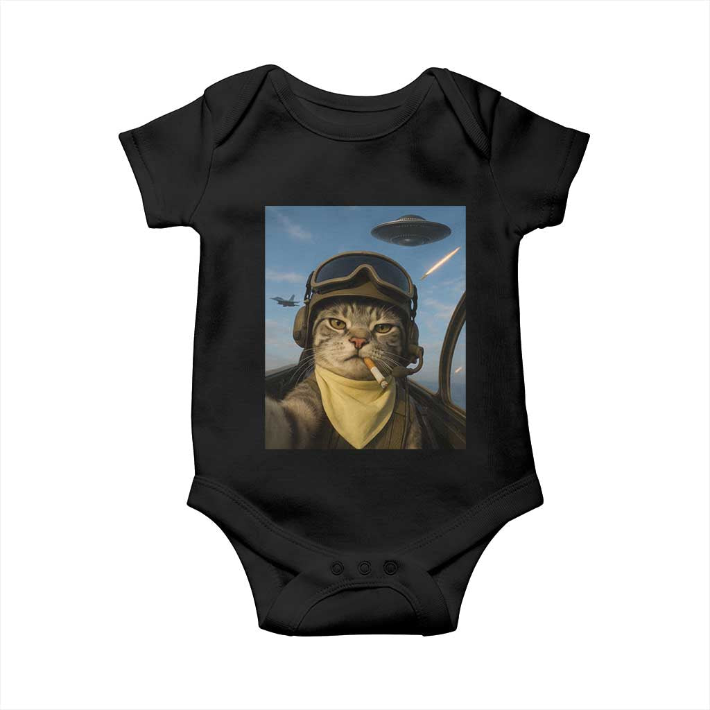 Cat Selfie With Alien UFO Baby Onesie Retro Space Sci-Fi Cat Pilot - Wonder Print Shop