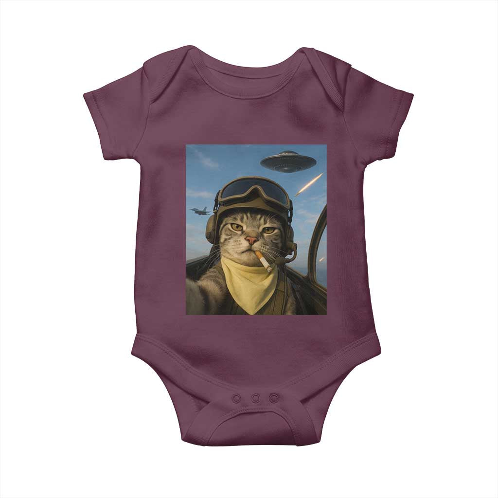 Cat Selfie With Alien UFO Baby Onesie Retro Space Sci-Fi Cat Pilot - Wonder Print Shop