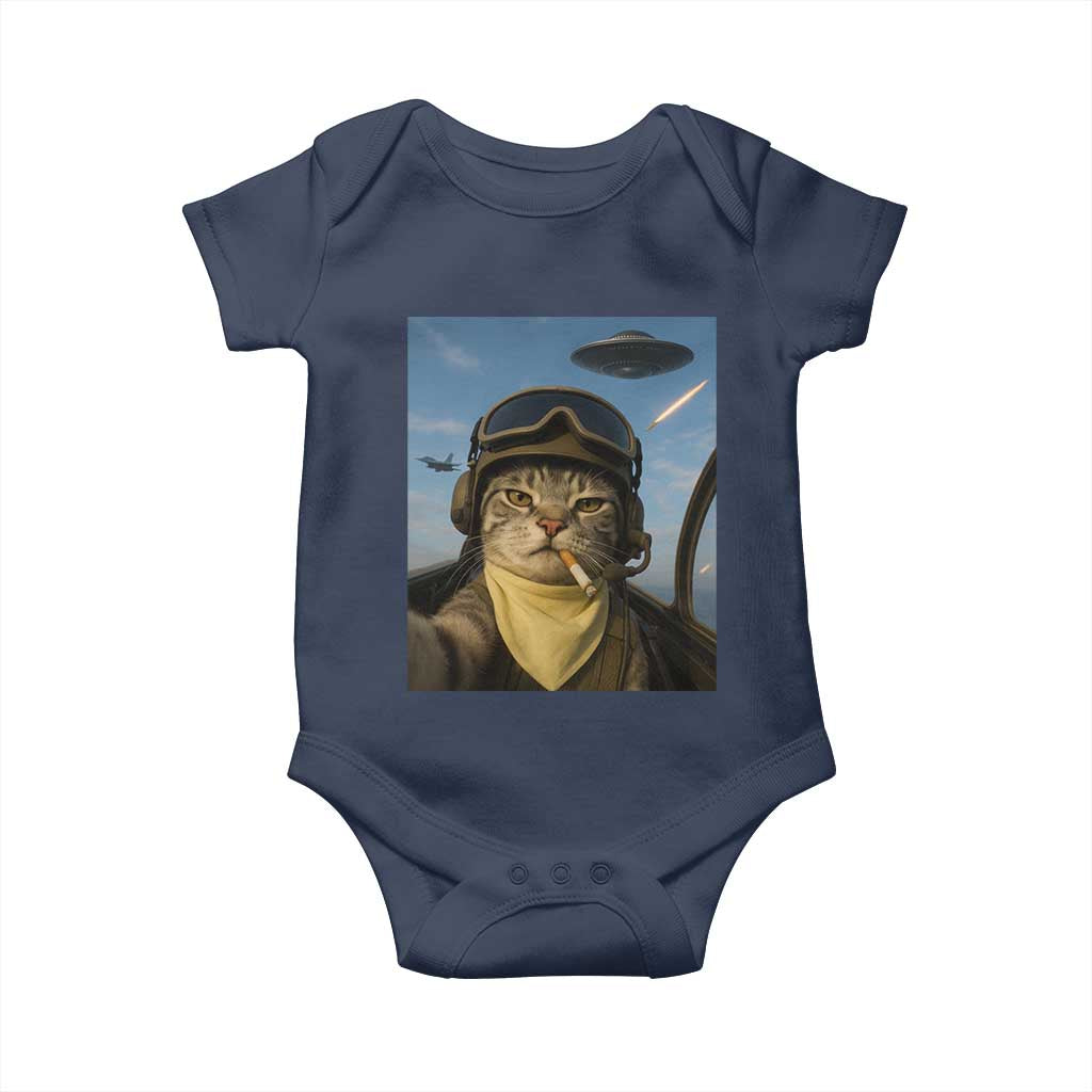 Cat Selfie With Alien UFO Baby Onesie Retro Space Sci-Fi Cat Pilot - Wonder Print Shop