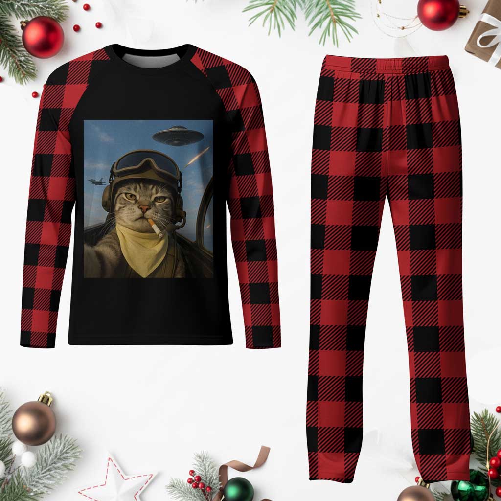 Cat Selfie With Alien UFO Plaid Pajama Set Retro Space Sci-Fi Cat Pilot - Wonder Print Shop