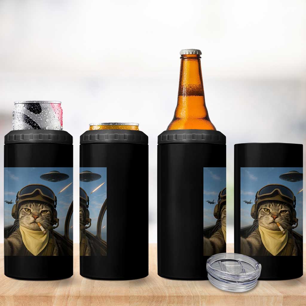 Cat Selfie With Alien UFO 4 in 1 Can Cooler Tumbler Retro Space Sci-Fi Cat Pilot - Wonder Print Shop