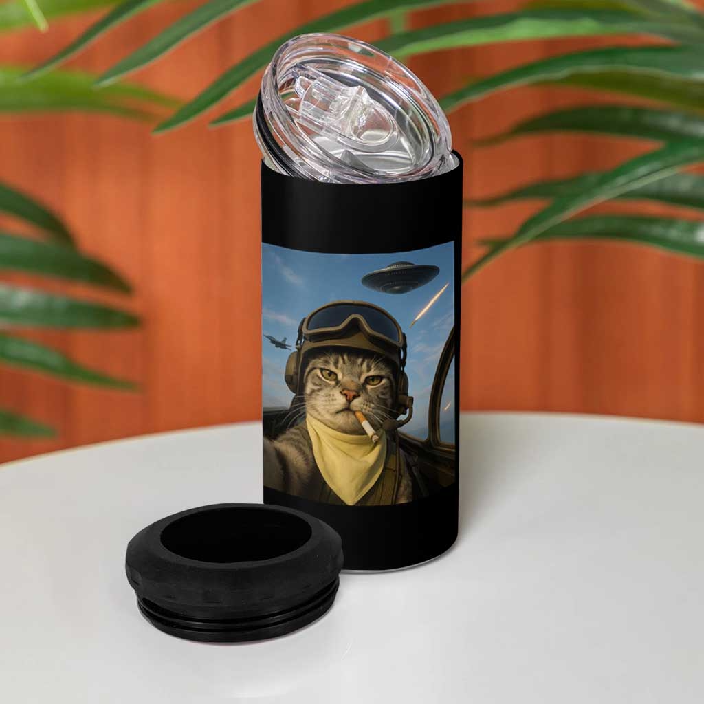 Cat Selfie With Alien UFO 4 in 1 Can Cooler Tumbler Retro Space Sci-Fi Cat Pilot - Wonder Print Shop
