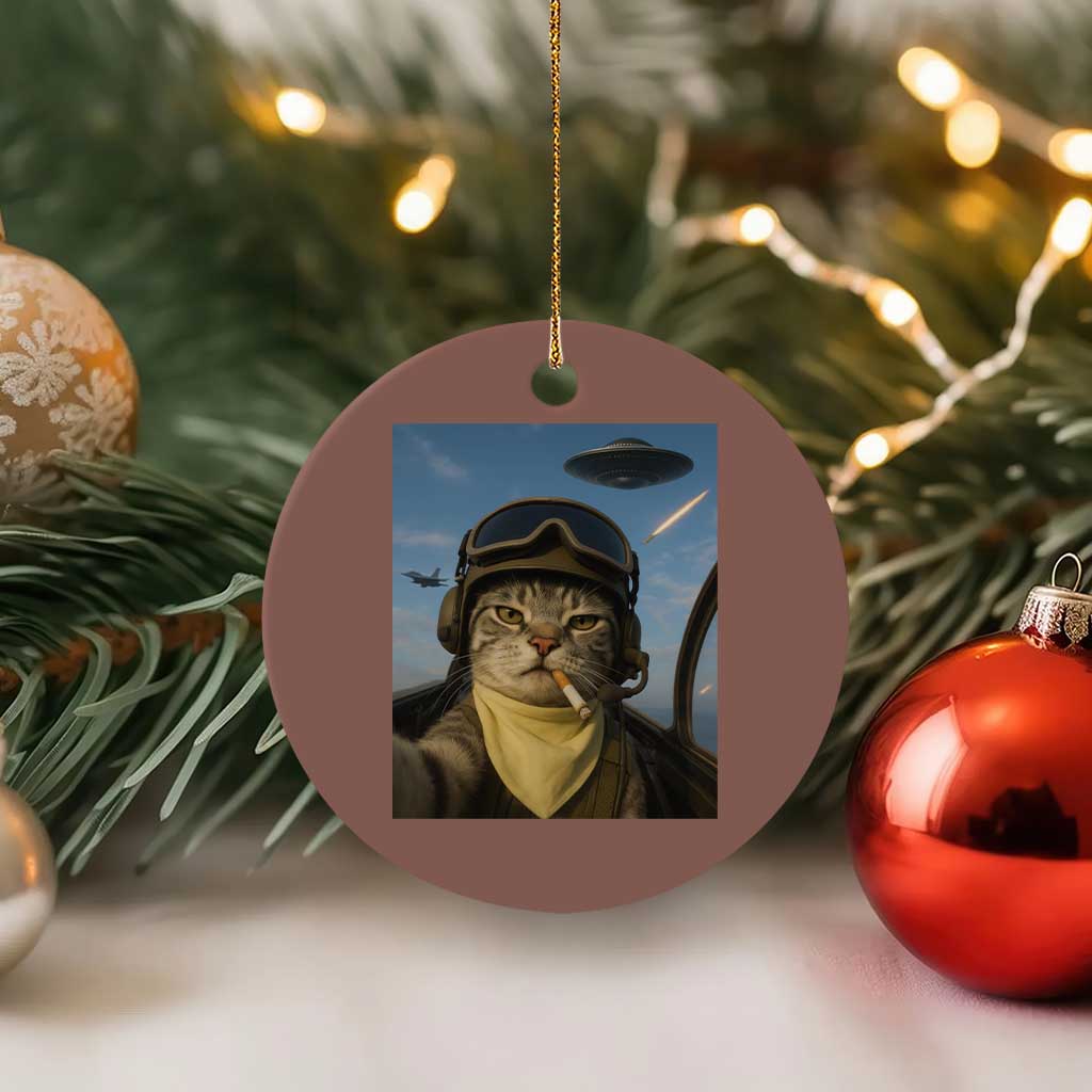 Cat Selfie With Alien UFO Ceramic Ornament Retro Space Sci-Fi Cat Pilot - Wonder Print Shop