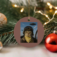 Cat Selfie With Alien UFO Ceramic Ornament Retro Space Sci-Fi Cat Pilot - Wonder Print Shop