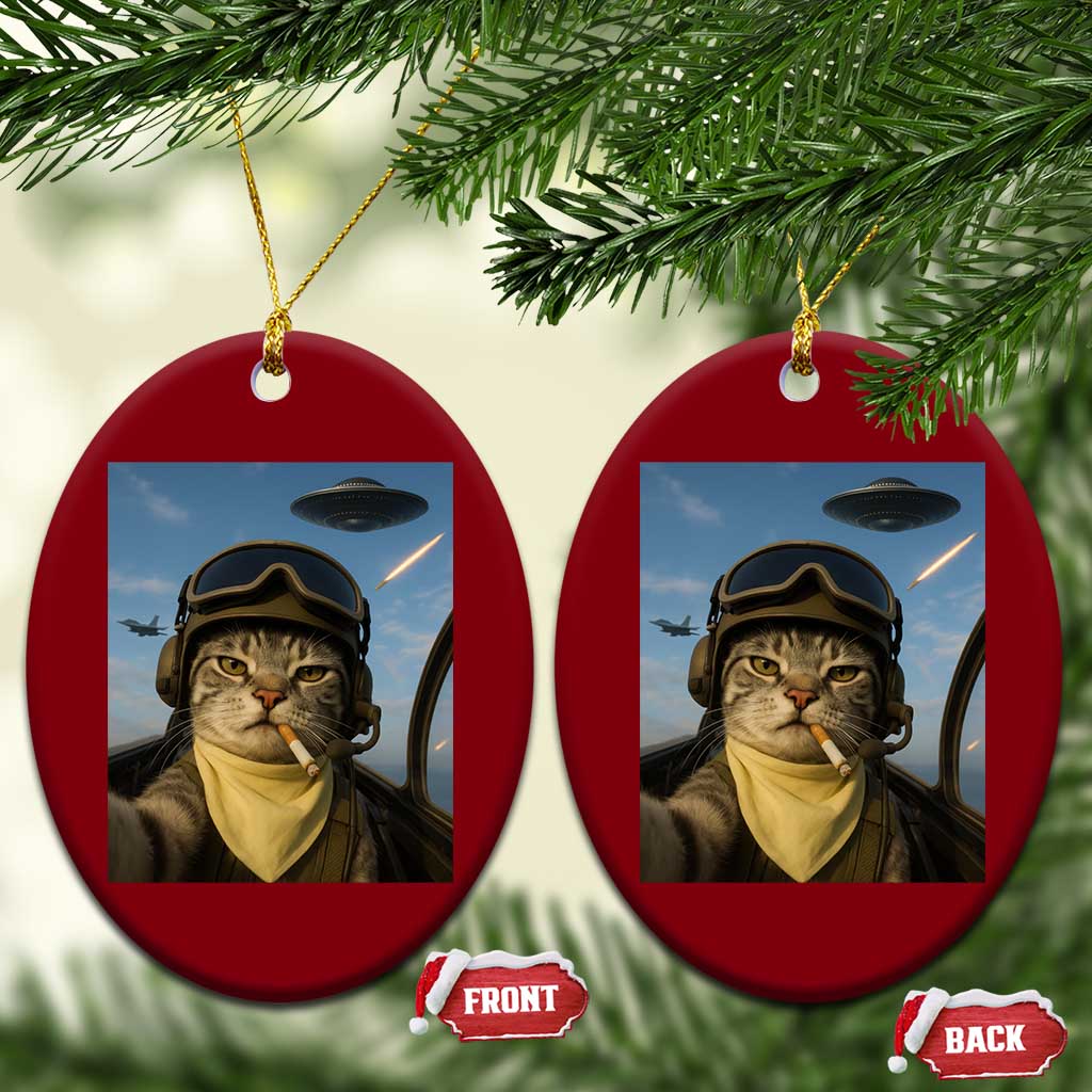 Cat Selfie With Alien UFO Ceramic Ornament Retro Space Sci-Fi Cat Pilot - Wonder Print Shop