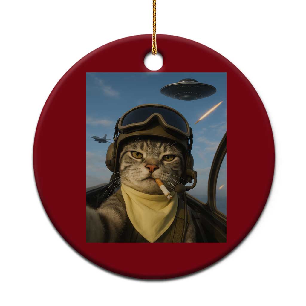 Cat Selfie With Alien UFO Ceramic Ornament Retro Space Sci-Fi Cat Pilot - Wonder Print Shop