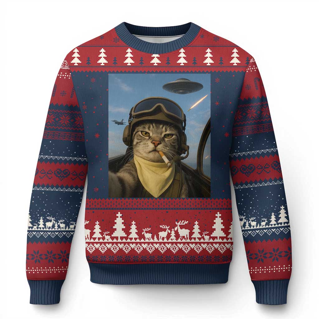 Cat Selfie With Alien UFO Ugly Christmas Sweater Retro Space Sci-Fi Cat Pilot - Wonder Print Shop