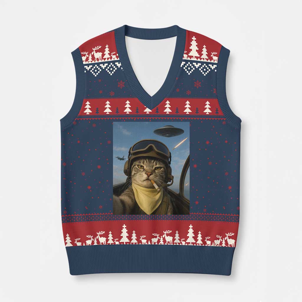 Cat Selfie With Alien UFO V-Neck Knit Sweater Vest Retro Space Sci-Fi Cat Pilot - Wonder Print Shop