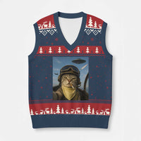 Cat Selfie With Alien UFO V-Neck Knit Sweater Vest Retro Space Sci-Fi Cat Pilot - Wonder Print Shop