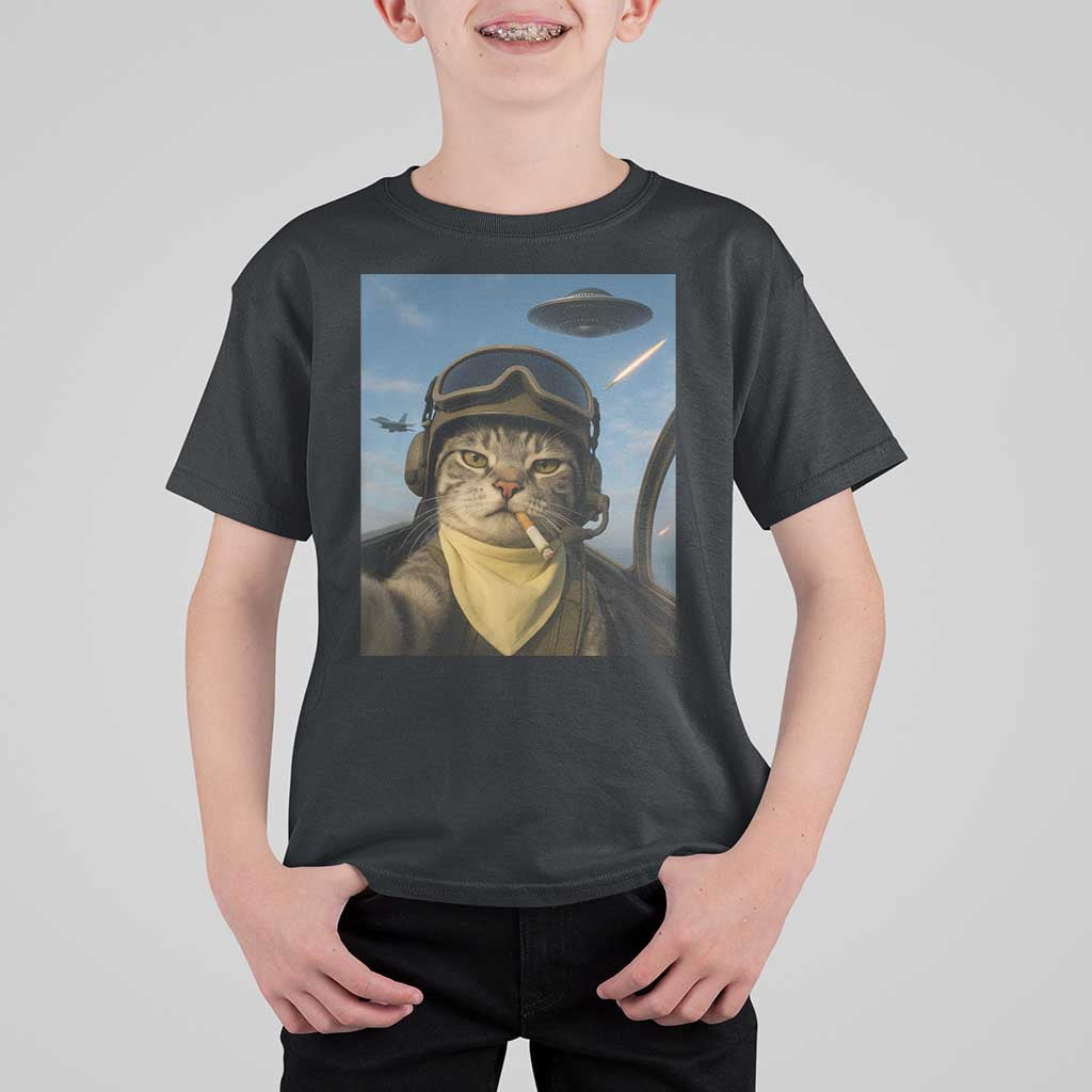 Cat Selfie With Alien UFO T Shirt For Kid Retro Space Sci-Fi Cat Pilot - Wonder Print Shop