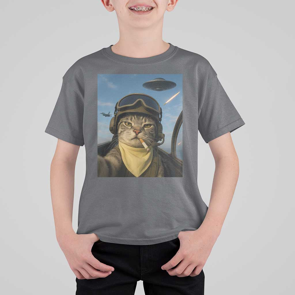 Cat Selfie With Alien UFO T Shirt For Kid Retro Space Sci-Fi Cat Pilot - Wonder Print Shop