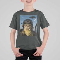 Cat Selfie With Alien UFO T Shirt For Kid Retro Space Sci-Fi Cat Pilot - Wonder Print Shop