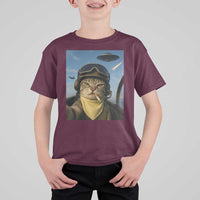 Cat Selfie With Alien UFO T Shirt For Kid Retro Space Sci-Fi Cat Pilot - Wonder Print Shop
