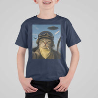 Cat Selfie With Alien UFO T Shirt For Kid Retro Space Sci-Fi Cat Pilot - Wonder Print Shop
