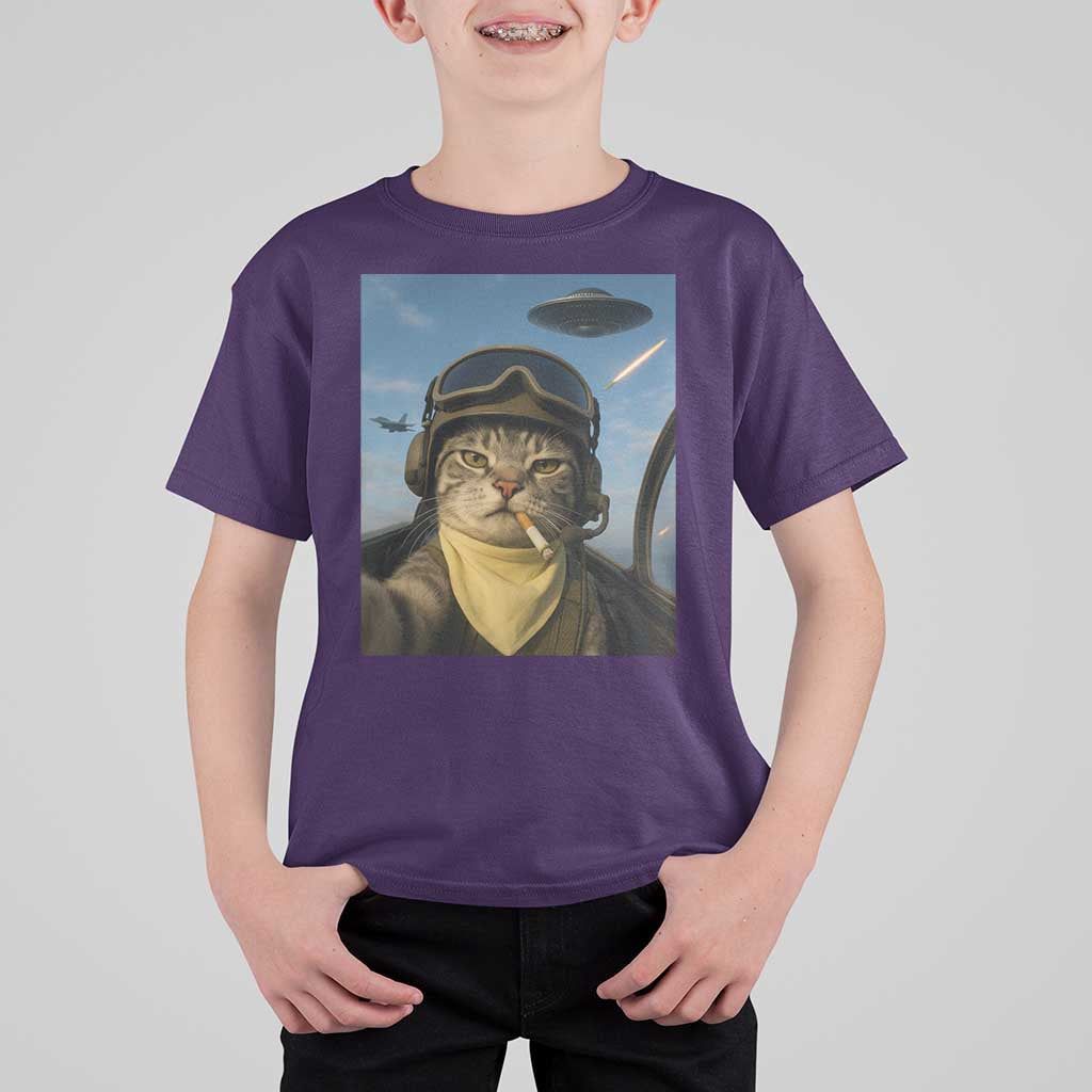 Cat Selfie With Alien UFO T Shirt For Kid Retro Space Sci-Fi Cat Pilot - Wonder Print Shop