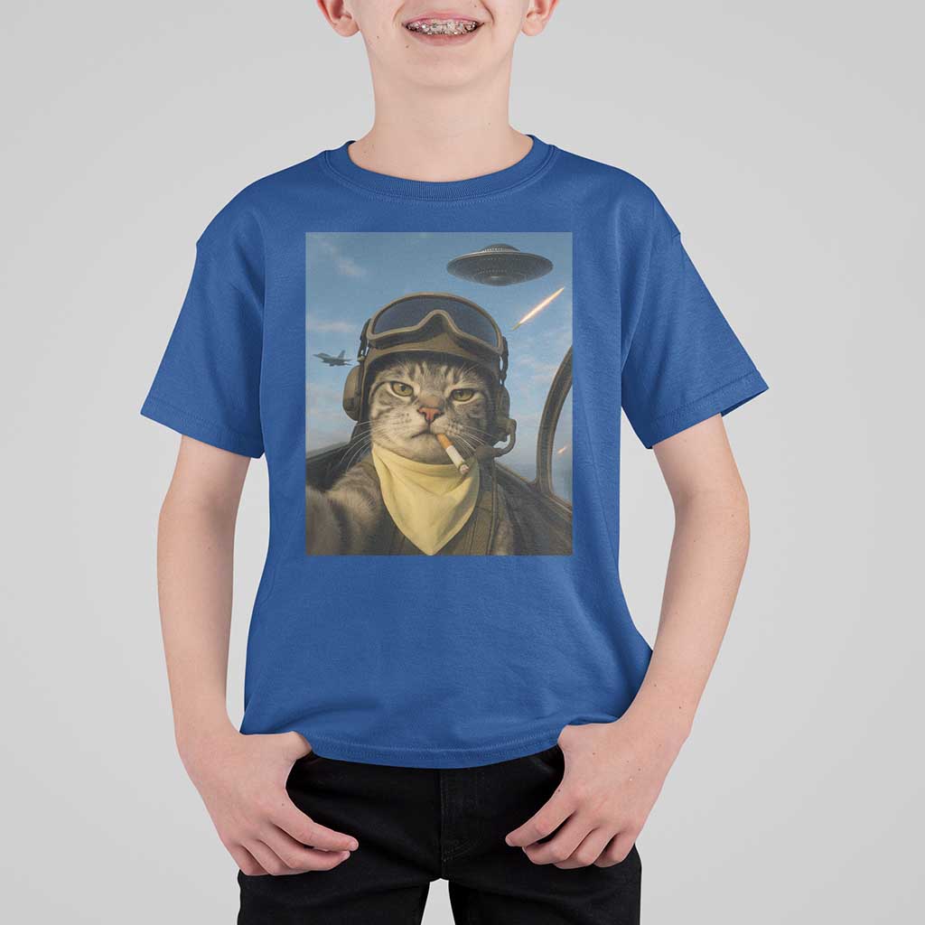 Cat Selfie With Alien UFO T Shirt For Kid Retro Space Sci-Fi Cat Pilot - Wonder Print Shop