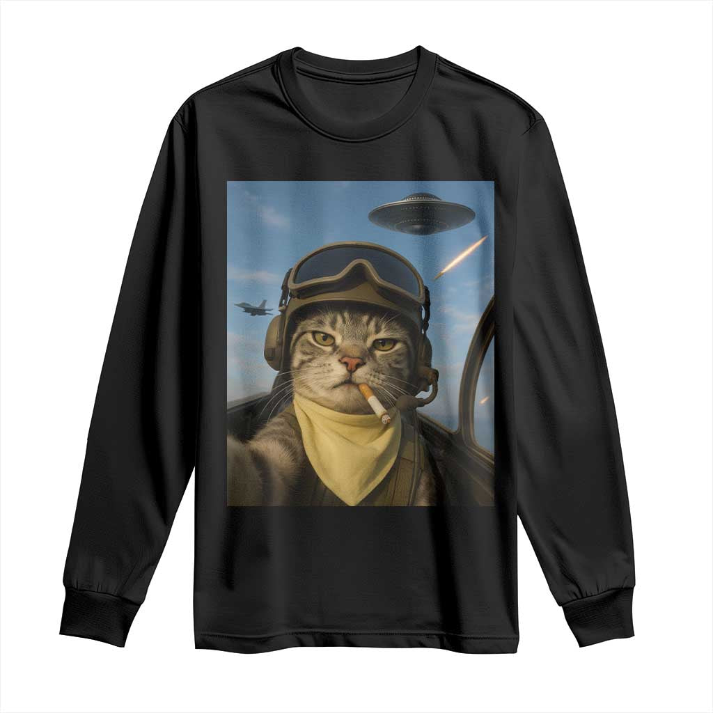 Cat Selfie With Alien UFO Long Sleeve Shirt Retro Space Sci-Fi Cat Pilot - Wonder Print Shop
