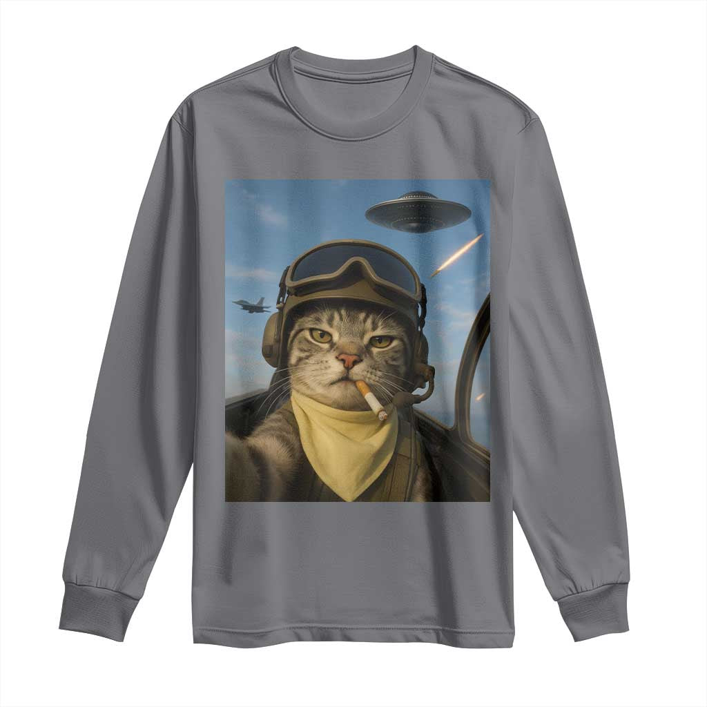 Cat Selfie With Alien UFO Long Sleeve Shirt Retro Space Sci-Fi Cat Pilot - Wonder Print Shop