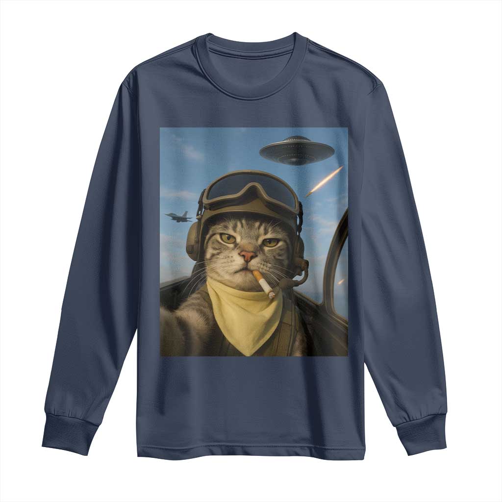 Cat Selfie With Alien UFO Long Sleeve Shirt Retro Space Sci-Fi Cat Pilot - Wonder Print Shop