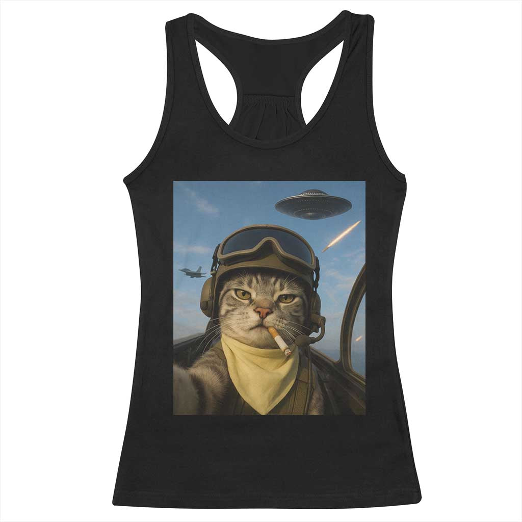 Cat Selfie With Alien UFO Racerback Tank Top Retro Space Sci-Fi Cat Pilot - Wonder Print Shop